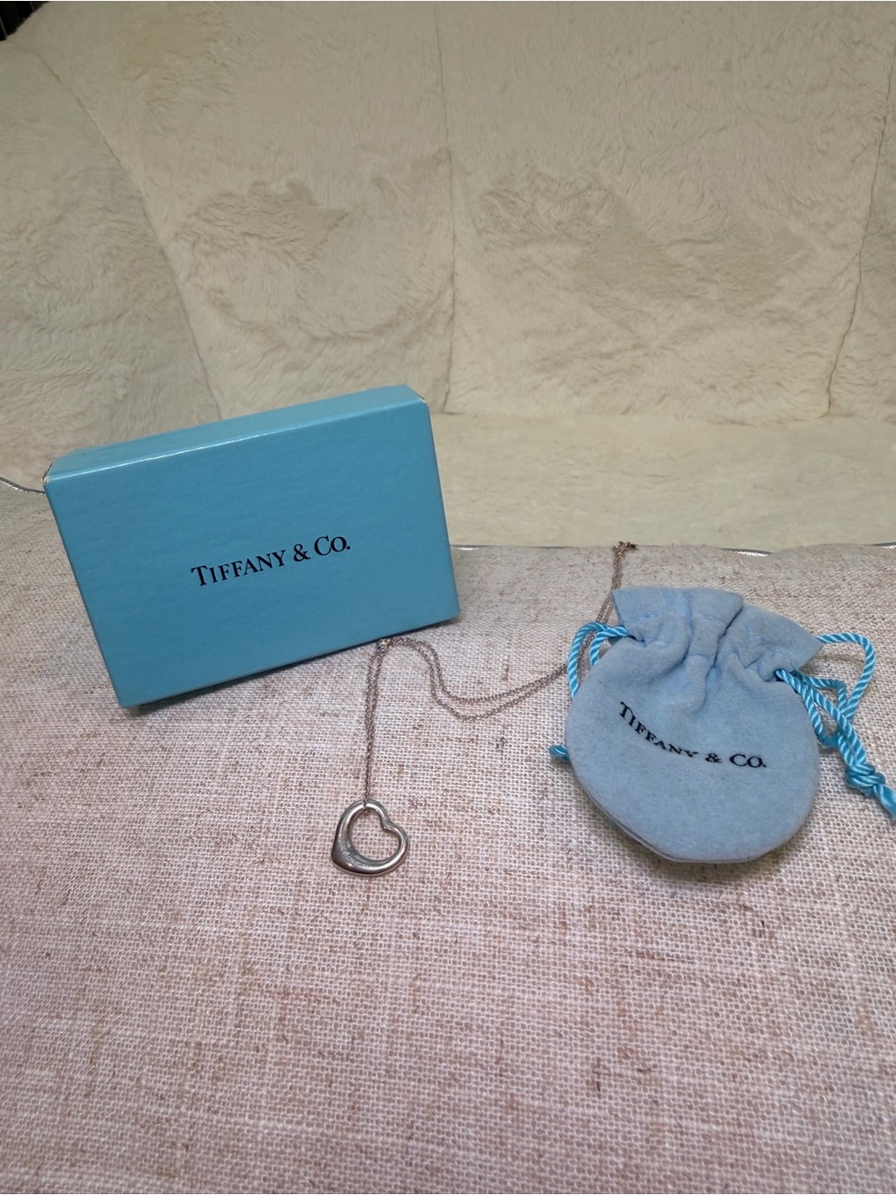Tiffany & Co. Silver Open Heart Necklace with Blue Box and Pouch